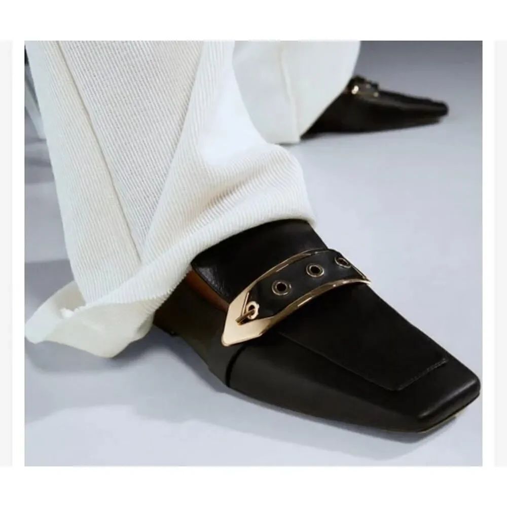 Zara Black Leather Loafers Gold Metal Buckle Square Toe Shoes Size 7.5 US